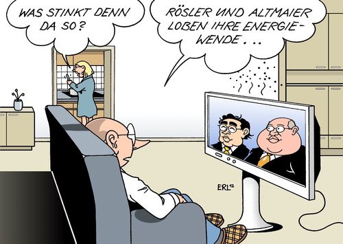 Cartoon: Rösler und Altmaier (medium) by Erl tagged energiewende,atomausstieg,erneuerbare,energien,netzausbau,bericht,kritik,windkraft,solarenergie,wasserkraft,strom,energie,leitung,lob,eigenlob,stinken,bundeswirtschaftsminister,wirtschaftsminister,philipp,rösler,bundesumweltminister,umweltminister,peter,altmaier,energiewende,atomausstieg,erneuerbare,energien,netzausbau,bericht,kritik,windkraft,solarenergie,wasserkraft,strom,energie,leitung,lob,eigenlob,stinken,bundeswirtschaftsminister,wirtschaftsminister,philipp,rösler,bundesumweltminister,umweltminister,peter,altmaier