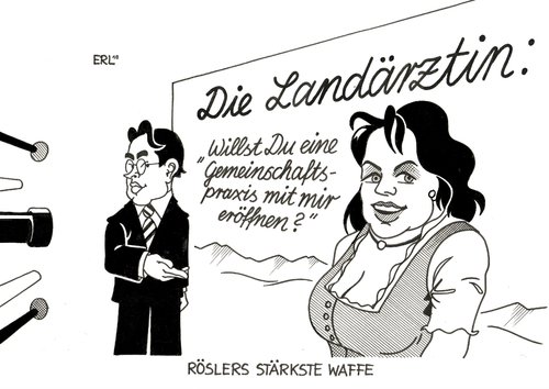 Cartoon: Röslers stärkste Waffe (medium) by Erl tagged rösler,gesundheit,gesundheitsminister,arzt,landarzt,landärzte,mangel,landärztin,fernsehen,christine neubauer,gemeinschaftspraxis,neubauer,christine