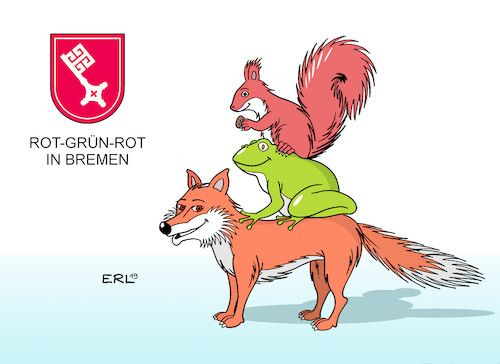 Cartoon: Rot-Grün-Rot in Bremen (medium) by Erl tagged politik,bremen,wahl,bürgerschaft,senat,landesregierung,koalition,spd,bündnis,90,die,grünen,linke,rot,grün,bürgermeister,andreas,bovenschulte,brüder,grimm,märchen,bremer,stadtmusikanten,fuchs,frosch,eichhörnchen,karikatur,erl,politik,bremen,wahl,bürgerschaft,senat,landesregierung,koalition,spd,bündnis,90,die,grünen,linke,rot,grün,bürgermeister,andreas,bovenschulte,brüder,grimm,märchen,bremer,stadtmusikanten,fuchs,frosch,eichhörnchen,karikatur,erl