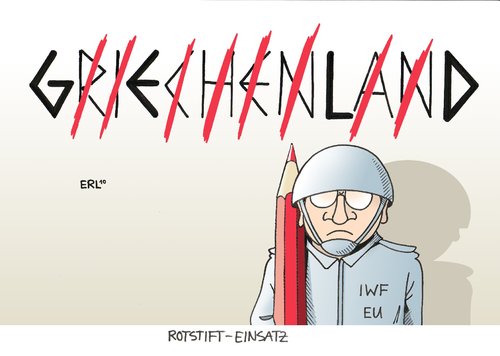 Cartoon: Rotstift-Einsatz (medium) by Erl tagged griechenland,schulden,hilfspaket,iwf,eu,sparkurs,streichung,kürzung,rotstift,geld,überwachung,griechenland,schulden,iwf,eu,streichung,kürzung,rotstift,geld,überwachung