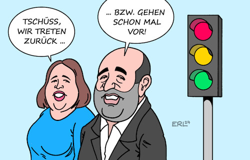 Cartoon: Rücktritt (medium) by Erl tagged politik,grüne,wahlniederlagen,rücktritt,vorstand,ricarda,lang,omid,nouripour,ampel,karikatur,erl,politik,grüne,wahlniederlagen,rücktritt,vorstand,ricarda,lang,omid,nouripour,ampel,karikatur,erl