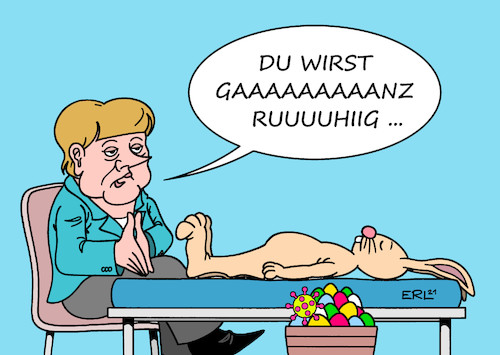 Cartoon: Ruhigstellung (medium) by Erl tagged politik,corona,virus,pandemie,covid19,dritte,welle,beschluss,mpk,bundeskanzlerin,angela,merkel,ministerpräsidentin,ministerpräsident,ministerpräsidentinnen,ministerpräsidenten,lockdown,osterruhe,ostern,feiertage,familie,kontakte,beschränkung,osterhase,autogenes,training,ostereier,karikatur,erl,politik,corona,virus,pandemie,covid19,dritte,welle,beschluss,mpk,bundeskanzlerin,angela,merkel,ministerpräsidentin,ministerpräsident,ministerpräsidentinnen,ministerpräsidenten,lockdown,osterruhe,ostern,feiertage,familie,kontakte,beschränkung,osterhase,autogenes,training,ostereier,karikatur,erl