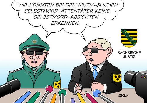 Cartoon: Sächsische Justiz I (medium) by Erl tagged sachsen,justiz,pannen,pannenserie,festnahme,al,bakr,syrer,flüchtling,mutmaßlich,terrorist,selbstmordattentäter,sprengstoff,haft,selbstmord,einstufung,selbstmordabsicht,selbstmordgefahr,suizid,unfähigkeit,blindheit,blind,fragen,interview,mikrofon,kamera,karikatur,erl,sachsen,justiz,pannen,pannenserie,festnahme,al,bakr,syrer,flüchtling,mutmaßlich,terrorist,selbstmordattentäter,sprengstoff,haft,selbstmord,einstufung,selbstmordabsicht,selbstmordgefahr,suizid,unfähigkeit,blindheit,blind,fragen,interview,mikrofon,kamera,karikatur,erl