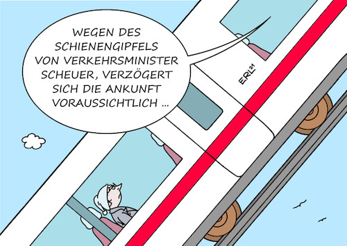 Cartoon: Scheuers Schienengipfel (medium) by Erl tagged politik,verkehr,klima,klimawandel,co2,einsparung,verkehrswende,förderung,ausbau,bahn,verkehrsminister,andreas,scheuer,csu,pannen,dilettantismus,pkw,maut,fahrlässigkeit,schienengipfel,zug,verspätung,fahrgast,michel,karikatur,erl,politik,verkehr,klima,klimawandel,co2,einsparung,verkehrswende,förderung,ausbau,bahn,verkehrsminister,andreas,scheuer,csu,pannen,dilettantismus,pkw,maut,fahrlässigkeit,schienengipfel,zug,verspätung,fahrgast,michel,karikatur,erl