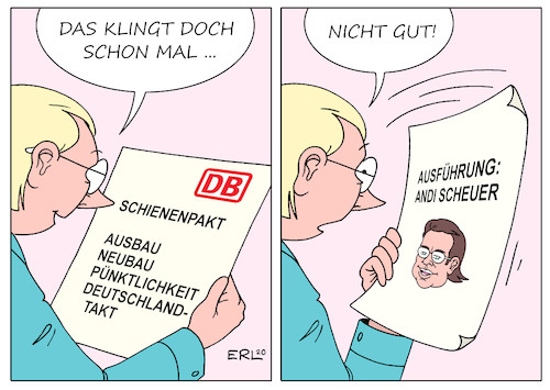 Cartoon: Schienenpakt (medium) by Erl tagged politik,verkehr,bahn,schiene,schienenpakt,zukunft,ausbau,neubau,pünktlichkeit,deutschlandtakt,verkehrsminister,andreas,andi,scheuer,überfordert,csu,karikatur,erl,politik,verkehr,bahn,schiene,schienenpakt,zukunft,ausbau,neubau,pünktlichkeit,deutschlandtakt,verkehrsminister,andreas,andi,scheuer,überfordert,csu,karikatur,erl