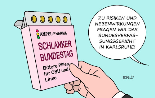 Cartoon: Schlankheitspillen (medium) by Erl tagged politik,regierung,koalition,ampel,spd,grüne,fdp,bundestag,verabschiedung,wahlrecht,wahlrechtsreform,verkleinerung,nachteil,csu,linke,direktmandate,klage,karlsruhe,bundesverfassungsgericht,pharmazie,schlankheitspillen,bittere,pillen,risiken,nebenwirkungen,karikatur,erl,politik,regierung,koalition,ampel,spd,grüne,fdp,bundestag,verabschiedung,wahlrecht,wahlrechtsreform,verkleinerung,nachteil,csu,linke,direktmandate,klage,karlsruhe,bundesverfassungsgericht,pharmazie,schlankheitspillen,bittere,pillen,risiken,nebenwirkungen,karikatur,erl