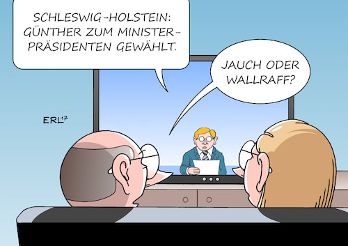 Cartoon: Schleswig-Holstein (medium) by Erl tagged landtagswahl,wahl,schleswig,holstein,sieg,sieger,cdu,daniel,günther,ministerpräsident,regierung,koalition,jamaika,schwarz,gelb,grün,fdp,bündnis,90,die,grünen,nachrichten,missverständnis,vorname,nachname,jauch,günter,wallraff,karikatur,erl,landtagswahl,wahl,schleswig,holstein,sieg,sieger,cdu,daniel,günther,ministerpräsident,regierung,koalition,jamaika,schwarz,gelb,grün,fdp,bündnis,90,die,grünen,nachrichten,missverständnis,vorname,nachname,jauch,günter,wallraff,karikatur,erl