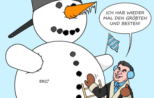 Cartoon: Schneechaos in Bayern (medium) by Erl tagged politik,wetter,bayern,schnee,schneefall,ausfall,flughafen,bahn,bahnhof,schneechaos,ministerpräsident,markus,söder,csu,bundesland,spitze,nummer,eins,superlativ,am,besten,schneemann,riesig,karikatur,erl,politik,wetter,bayern,schnee,schneefall,ausfall,flughafen,bahn,bahnhof,schneechaos,ministerpräsident,markus,söder,csu,bundesland,spitze,nummer,eins,superlativ,am,besten,schneemann,riesig,karikatur,erl