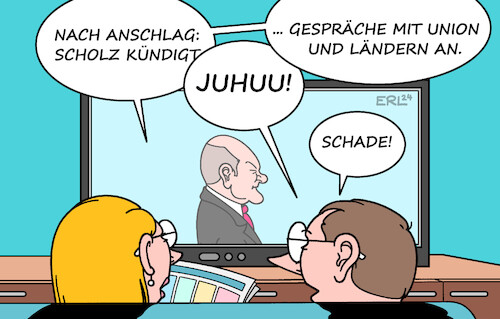 Cartoon: Scholz Gespräche (medium) by Erl tagged politik,terror,terrorismus,islamismus,solingen,anschlag,terroranschlag,messer,angst,schrecken,misstrauen,flüchtlinge,migration,asyl,asylpolitik,wählerstimmen,afd,ankündigung,bundeskanzler,olaf,scholz,gespräche,union,cdu,csu,länder,kündigung,missverständnis,nachrichten,fernsehen,karikatur,erl,politik,terror,terrorismus,islamismus,solingen,anschlag,terroranschlag,messer,angst,schrecken,misstrauen,flüchtlinge,migration,asyl,asylpolitik,wählerstimmen,afd,ankündigung,bundeskanzler,olaf,scholz,gespräche,union,cdu,csu,länder,kündigung,missverständnis,nachrichten,fernsehen,karikatur,erl