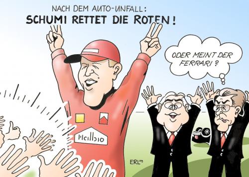 Cartoon: Schumi (medium) by Erl tagged michael,schumacher,ferrari,rot,rettung,auto,unfall,dienstwagen,spd,ulla,schmidt,frank,walter,steinmeier,franz,müntefering,wahlkampf,michael schumacher,ferrari,rot,rettung,auto,autos,unfall,dienstwagen,spd,ulla schmidt,frank walter steinmeier,wahl,wahlen,franz müntefering,wahlkampf,michael,schumacher,ulla,schmidt,frank,walter,steinmeier,franz,müntefering