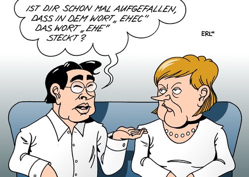 Cartoon: Schwarz-Gelb (medium) by Erl tagged bundeskanzlerin,fdp,koalition,regierung,gelb,schwarz,csu,cdu,angela,merkel,wirtschaftsminister,phillip,roesler,ehe,wort,ehec,keim,darm,durchfall,krankheit,regierung,koalition,schwarz,gelb,csu,cdu,fdp,bundeskanzlerin,angela merkel,wirtschaftsminister,roesler,angela,merkel