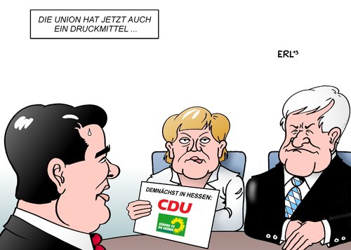 Cartoon: Schwarz-Grün Hessen (medium) by Erl tagged koalitionsverhandlungen,cdu,csu,spd,positionen,forderungen,druckmittel,mitgliederbefragung,alternative,koalition,schwarz,grün,hessen,die,grünen,grüne,gabriel,merkel,seehofer,koalitionsverhandlungen,cdu,csu,spd,positionen,forderungen,druckmittel,mitgliederbefragung,alternative,koalition,schwarz,grün,hessen,die,grünen,grüne,gabriel,merkel,seehofer