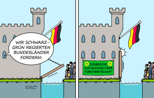 Cartoon: Schwarz-grüne Asylforderung (medium) by Erl tagged politik,forderung,bundesländer,schwarz,grün,verschärfung,asylpolitik,zugbrücke,holz,nachhaltigkeit,karikatur,erl,politik,forderung,bundesländer,schwarz,grün,verschärfung,asylpolitik,zugbrücke,holz,nachhaltigkeit,karikatur,erl