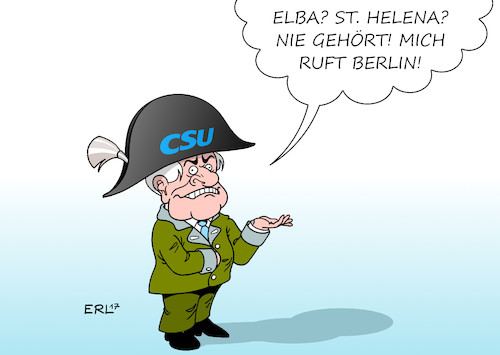 Cartoon: Seehofer I (medium) by Erl tagged csu,ministerpräsident,bayern,horst,seehofer,bundestagswahl,verluste,stimmenverluste,einbruch,zickzackkurs,flüchtlingspolitik,streit,cdu,bundeskanzlerin,angela,merkel,obergrenze,basis,forderungen,rücktritt,nachfolger,markus,söder,napoleon,bonaparte,verbannung,elba,st,helena,berlin,koalitionsverhandlungen,jamaika,fdp,die,grünen,karikatur,erl,csu,ministerpräsident,bayern,horst,seehofer,bundestagswahl,verluste,stimmenverluste,einbruch,zickzackkurs,flüchtlingspolitik,streit,cdu,bundeskanzlerin,angela,merkel,obergrenze,basis,forderungen,rücktritt,nachfolger,markus,söder,napoleon,bonaparte,verbannung,elba,st,helena,berlin,koalitionsverhandlungen,jamaika,fdp,die,grünen,karikatur,erl