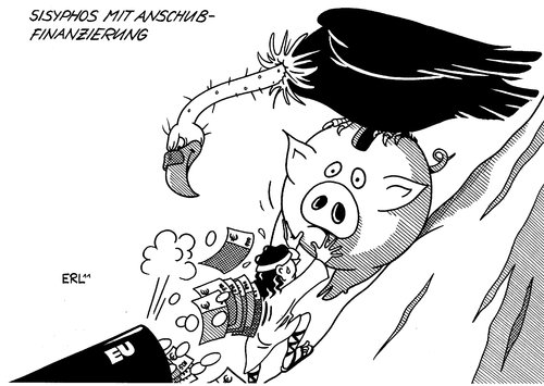 Cartoon: Sisyphos mit Anschubfinanzierung (medium) by Erl tagged griechenland,finanzkrise,schuldenkrise,euro,rettungsschirm,hilfspaket,staatsbankrott