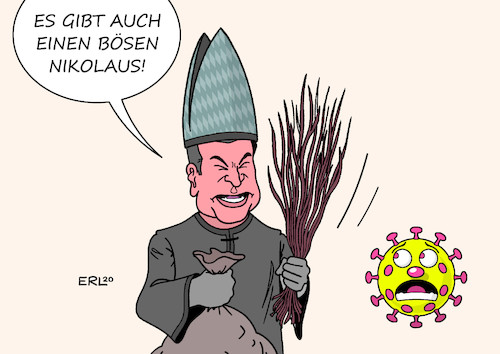 Cartoon: Söder (medium) by Erl tagged politik,corona,virus,pandemie,covid19,zweite,welle,lockdown,light,entscheidung,lockerungen,weihnachten,silvester,neujahr,bayern,ministerpräsident,markus,söder,csu,verkündung,verschärfung,maßnahmen,nikolaus,rute,karikatur,erl,politik,corona,virus,pandemie,covid19,zweite,welle,lockdown,light,entscheidung,lockerungen,weihnachten,silvester,neujahr,bayern,ministerpräsident,markus,söder,csu,verkündung,verschärfung,maßnahmen,nikolaus,rute,karikatur,erl