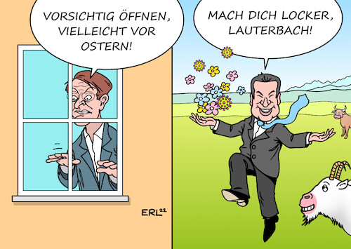 Cartoon: Söder jetzt im Team Lockerungen (medium) by Erl tagged politik,corona,virus,pandemie,covid19,welle,omikron,gesundheitsminister,karl,lauterbach,spd,team,vorsicht,öffnung,ostern,markus,söder,ministerpräsident,bayern,csu,lockerungen,umfragewerte,karikatur,erl,politik,corona,virus,pandemie,covid19,welle,omikron,gesundheitsminister,karl,lauterbach,spd,team,vorsicht,öffnung,ostern,markus,söder,ministerpräsident,bayern,csu,lockerungen,umfragewerte,karikatur,erl