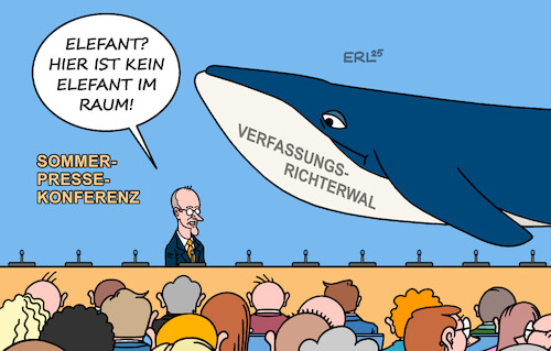 Cartoon: Sommerpressekonferenz (medium) by Erl tagged politik,bundeskanzler,merz,sommerpressekonferenz,elefant,raum,wahl,bundesverfassungsrichterin,blauwal,karikatur,erl,politik,bundeskanzler,merz,sommerpressekonferenz,elefant,raum,wahl,bundesverfassungsrichterin,blauwal,karikatur,erl
