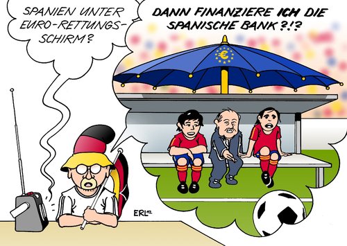 Cartoon: Spanien Rettungsschirm (medium) by Erl tagged spanien,bank,banken,euro,rettungsschirm,fußball,europameisterschaft,em,nationalmannschaft,trainerbank,ersatzbank,spanien,bank,banken,euro,rettungsschirm,europameisterschaft,fußball,em