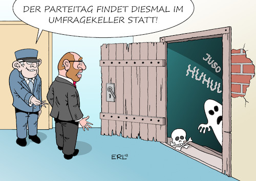 Cartoon: SPD-Parteitag (medium) by Erl tagged politik,bundestagswahl,regierung,regierungsbildung,sondierung,groko,große,koalition,schwarz,rot,cdu,csu,spd,parteitag,abstimmung,aufnahme,koalitionsverhandlungen,gegner,jusos,teile,basis,streit,richtung,umfragewerte,keller,umfragekeller,gespenst,gruseln,martin,schulz,karikatur,erl,politik,bundestagswahl,regierung,regierungsbildung,sondierung,groko,große,koalition,schwarz,rot,cdu,csu,spd,parteitag,abstimmung,aufnahme,koalitionsverhandlungen,gegner,jusos,teile,basis,streit,richtung,umfragewerte,keller,umfragekeller,gespenst,gruseln,martin,schulz,karikatur,erl