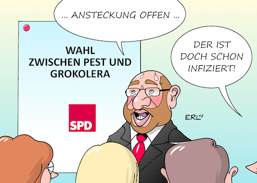 Cartoon: SPD (medium) by Erl tagged bundestagswahl,regierungsbildung,jamaika,scheitern,neuauflage,grosse,koalition,groko,schwarz,rot,cdu,csu,spd,martin,schulz,parteitag,rede,erklärung,werbung,gespräche,ergebnis,offen,ergebnisoffen,dilemma,konflikt,wahl,pest,cholera,ansteckung,infektion,skepsis,partei,basis,jusos,karikatur,erl,bundestagswahl,regierungsbildung,jamaika,scheitern,neuauflage,grosse,koalition,groko,schwarz,rot,cdu,csu,spd,martin,schulz,parteitag,rede,erklärung,werbung,gespräche,ergebnis,offen,ergebnisoffen,dilemma,konflikt,wahl,pest,cholera,ansteckung,infektion,skepsis,partei,basis,jusos,karikatur,erl