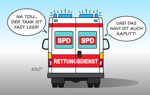 Cartoon: SPD (medium) by Erl tagged politik,spd,wahlniederlagen,umfragetief,niedergang,rettungsdienst,tank,leer,navi,kaputt,kraft,richtung,karikatur,erl,politik,spd,wahlniederlagen,umfragetief,niedergang,rettungsdienst,tank,leer,navi,kaputt,kraft,richtung,karikatur,erl