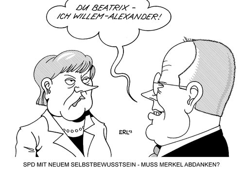 Cartoon: SPD Merkel (medium) by Erl tagged spd,kanzlerkandidat,peer,steinbrück,umfragetief,aufwind,selbstbewusstsein,niederlande,königin,beatrix,abdankung,thronfolger,kronprinz,willem,alexander,bundeskanzlerin,angela,merkel