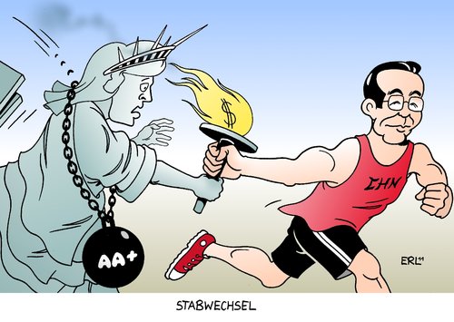 Cartoon: Stabwechsel (medium) by Erl tagged usa,schulden,krise,rating,agentur,ratingagentur,aaa,aaplus,welt,wirtschaft,führung,wechsel,stabwechsel,china,freiheit,freiheitsstatue,liberty,fackel,dollar,usa,schulden,krise,rating,agentur,ratingagentur