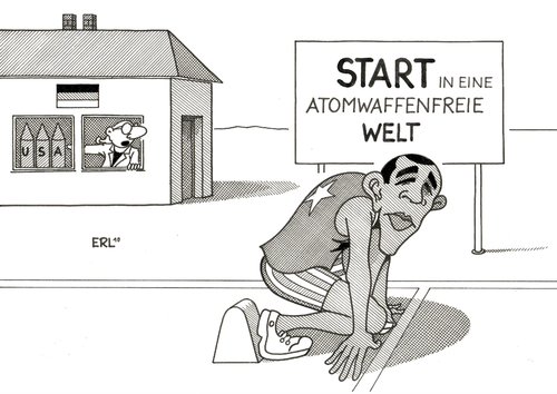 Cartoon: START (medium) by Erl tagged start,vertrag,abrüstung,atomwaffen,stationierung,deutschland,barack obama,usa,russland,waffen,militär,verteidigung,krieg,barack,obama