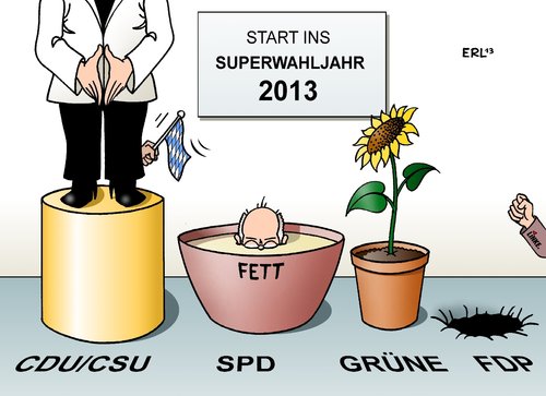 Cartoon: Start ins Superwahljahr (medium) by Erl tagged bundestagswahl,2013,superwahljahr,partei,cdu,csu,spd,fdp,grüne,linke,merkel,podium,steinbrück,fettnapf,blumentopf,sonnenblume,loch,einbruch,faust,bundestagswahl,2013,superwahljahr,partei,cdu,csu,spd,fdp,grüne,linke,merkel,podium,steinbrück,fettnapf,blumentopf,sonnenblume,loch,einbruch,faust