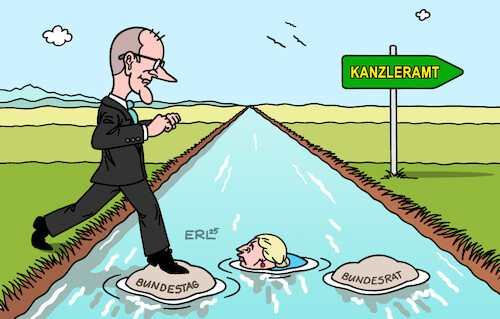 Cartoon: Steiniger Weg (medium) by Erl tagged merz,kanzleramt,abstimmung,bundestag,finanzpaket,bundesrat,fluss,steine,afd,weidel,blaubarsch,karikatur,erl,merz,kanzleramt,abstimmung,bundestag,finanzpaket,bundesrat,fluss,steine,afd,weidel,blaubarsch,karikatur,erl