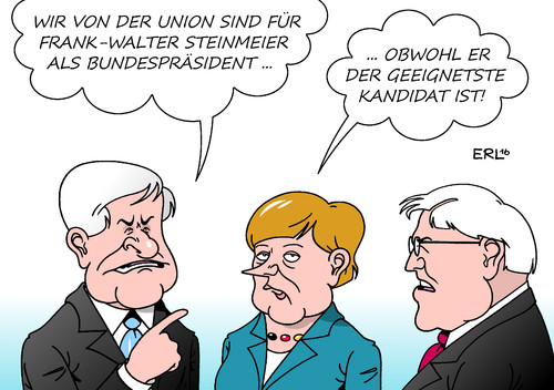 Cartoon: Steinmeier Union (medium) by Erl tagged joachim,bundespräsident,gauck,amtszeit,ende,nachfolger,frank,walter,steinmeier,spd,unterstützung,union,cdu,csu,ministerpräsident,bayern,horst,seehofer,bundeskanzlerin,angela,merkel,pech,kandidaten,köhler,wulff,ungeeignet,geeignet,karikatur,erl,steinmeier,union