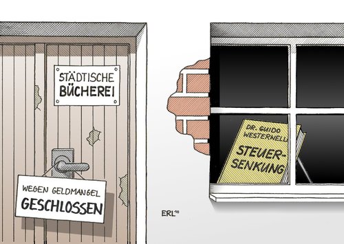 Cartoon: Steuersenkung (medium) by Erl tagged fdp,steuersenkung,städte,gemeinden,kommunen,steuerausfälle,geldmangel,bücherei,schwimmbad,schließung,geschlossen,fdp,steuersenkung,städte,stadt,gemeinden,kommunen,steuerausfälle,geldmangel,bücherei,schwimmbad,schließung,geschlossen