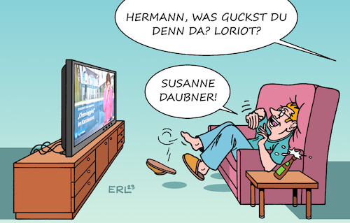 Cartoon: Stimmungsaufheller (medium) by Erl tagged politik,deutschland,stimmung,schlecht,nachrichten,fernsehen,tagesschau,sprecherin,susanne,daubner,lachanfall,stimmungsaufheller,humor,lachen,humorist,komiker,loriot,ausstellung,frankfurt,karikatur,erl,politik,deutschland,stimmung,schlecht,nachrichten,fernsehen,tagesschau,sprecherin,susanne,daubner,lachanfall,stimmungsaufheller,humor,lachen,humorist,komiker,loriot,ausstellung,frankfurt,karikatur,erl