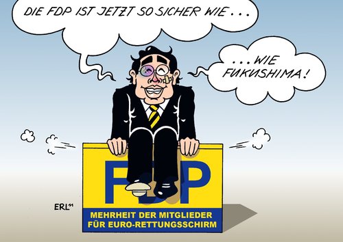 Cartoon: Stresstest bestanden (medium) by Erl tagged fdp,mitgliederbefragung,euro,rettungsschirm,krise,partei,vorsitz,philipp,rösler,sicherheit,sicher,japan,fukushima,atomkraftwerk,supergau,stresstest,wort,des,jahres,mitgliederbefragung,fdp,euro,rettungsschirm,krise,partei,vorsitz,rösler,sicherheit