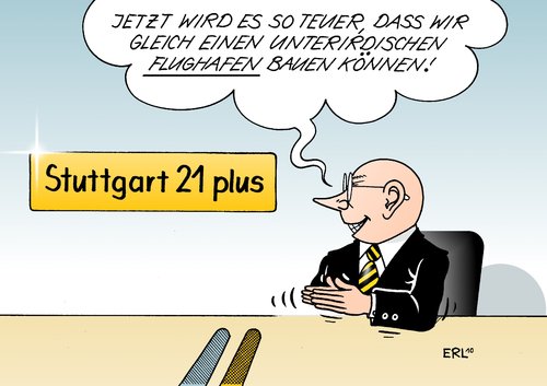 Cartoon: Stuttgart 21 plus (medium) by Erl tagged stuttgart,21,bahnhof,unterirdisch,kopfbahnhof,schlichtung,teuer,kosten,flughafen,stuttgart 21,bahnhof,kopfbahnhof,schlichtung,kosten,flughafen,teuer,stuttgart,21