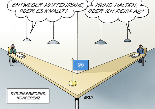 Cartoon: Syrien-Friedenskonferenz (medium) by Erl tagged syrien,bürgerkrieg,rebellen,opposition,regierung,assad,un,konferenz,friedenskonferenz,streit,drohung,karikatur,erl,syrien,bürgerkrieg,rebellen,opposition,regierung,assad,un,konferenz,friedenskonferenz,streit,drohung