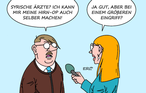 Cartoon: Syrische Ärztinnen und Ärzte (medium) by Erl tagged politik,syrien,sturz,assad,diskussion,rückkehr,flüchtlinge,ärztinnen,ärzte,rechtspopulismus,karikatur,erl,politik,syrien,sturz,assad,diskussion,rückkehr,flüchtlinge,ärztinnen,ärzte,rechtspopulismus,karikatur,erl