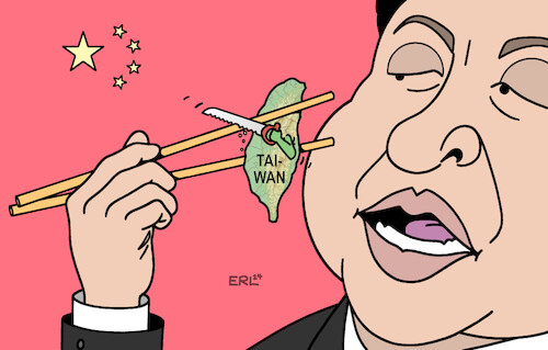 Cartoon: Taiwan (medium) by Erl tagged politik,taiwan,präsidentenwahl,william,lai,ching,te,sieger,demokratische,fortschrittspartei,parlamentswahl,signal,distanz,volksrepublik,china,xi,jinping,bestrebung,wiedervereinigung,gewalt,einverleibung,essen,stäbchen,säge,karikatur,erl,politik,taiwan,präsidentenwahl,william,lai,ching,te,sieger,demokratische,fortschrittspartei,parlamentswahl,signal,distanz,volksrepublik,china,xi,jinping,bestrebung,wiedervereinigung,gewalt,einverleibung,essen,stäbchen,säge,karikatur,erl