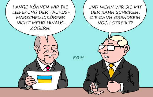 Cartoon: Taurus (medium) by Erl tagged politik,krieg,angriff,überfall,russland,ukraine,gegenoffensive,probleme,bitte,deutschland,taurus,marschflugkörper,bundeskanzler,olaf,scholz,zögern,lieferung,bahn,streik,karikatur,erl,politik,krieg,angriff,überfall,russland,ukraine,gegenoffensive,probleme,bitte,deutschland,taurus,marschflugkörper,bundeskanzler,olaf,scholz,zögern,lieferung,bahn,streik,karikatur,erl