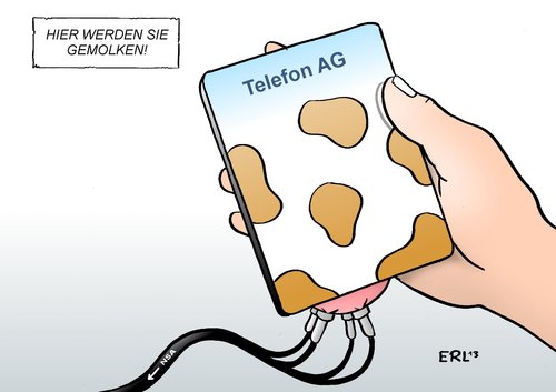 Cartoon: Telefon NSA (medium) by Erl tagged kommunikation,datenschutz,überwachung,ausspähskandal,nsa,daten,weitergabe,telefongesellschaft,telefon,melken,kuh,telefon,daten,nsa