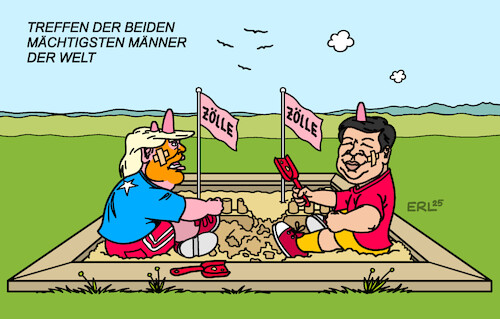 Cartoon: Treffen Trump Xi (medium) by Erl tagged politik,treffen,trump,usa,xi,china,zölle,strafzölle,gegenzölle,sandkasten,macht,karikatur,erl,politik,treffen,trump,usa,xi,china,zölle,strafzölle,gegenzölle,sandkasten,macht,karikatur,erl