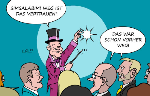 Cartoon: Trick 17 (medium) by Erl tagged politik,ampel,aus,kanzler,scholz,vertrauensfrage,neuwahl,debatte,wahlkampf,habeck,lindner,merz,zauberer,karikatur,erl,politik,ampel,aus,kanzler,scholz,vertrauensfrage,neuwahl,debatte,wahlkampf,habeck,lindner,merz,zauberer,karikatur,erl