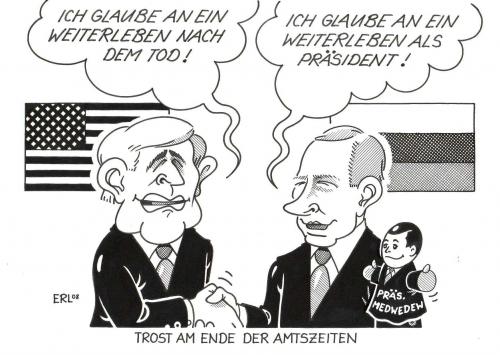 Cartoon: Trost (medium) by Erl tagged bush,putin,medwedew,usa,russland,,usa,russland,wahlen,amtszeit,machthunger,marionette,handschütteln,präsidenten,amtsende,handpuppe,religiös,gerissen,george bush,wladimir putin,vladimir putin,dmitri medwedew,george,bush,wladimir,putin,vladimir,dmitri,medwedew