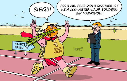 Cartoon: Trump hat einen Lauf (medium) by Erl tagged politik,nahost,frieden,freilassung,geiseln,usa,präsident,donald,trump,sieg,sprint,marathon,israel,hamas,karikatur,erl,politik,nahost,frieden,freilassung,geiseln,usa,präsident,donald,trump,sieg,sprint,marathon,israel,hamas,karikatur,erl