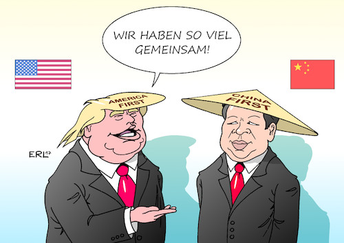 Cartoon: Trump in China (medium) by Erl tagged usa,präsident,donald,trump,reise,besuch,china,handel,import,export,nationalismus,egoismus,vorteil,america,first,gemeinsamkeit,geld,deal,xi,jinping,staatspräsident,volksrepublik,kommunistische,partei,autokratie,karikatur,erl,usa,präsident,donald,trump,reise,besuch,china,handel,import,export,nationalismus,egoismus,vorteil,america,first,gemeinsamkeit,geld,deal,xi,jinping,staatspräsident,volksrepublik,kommunistische,partei,autokratie,karikatur,erl