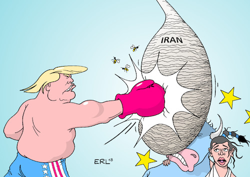 Cartoon: Trump Iran I (medium) by Erl tagged politik,usa,präsident,donald,trump,kündigung,rückzug,atomabkommen,iran,sanktionen,gefahr,wirtschaft,drohungen,eu,europa,stier,unternehmen,geschäfte,boxen,boxer,treffer,wespennest,wespen,bienen,honigbienen,karikatur,erl,politik,usa,präsident,donald,trump,kündigung,rückzug,atomabkommen,iran,sanktionen,gefahr,wirtschaft,drohungen,eu,europa,stier,unternehmen,geschäfte,boxen,boxer,treffer,wespennest,wespen,bienen,honigbienen,karikatur,erl