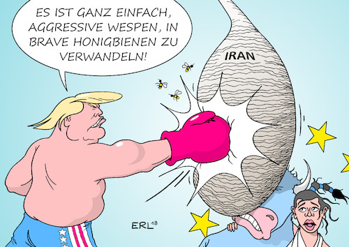 Cartoon: Trump Iran II (medium) by Erl tagged politik,usa,präsident,donald,trump,kündigung,rückzug,atomabkommen,iran,sanktionen,gefahr,wirtschaft,drohungen,eu,europa,stier,unternehmen,geschäfte,boxen,boxer,treffer,wespennest,wespen,bienen,honigbienen,karikatur,erl,politik,usa,präsident,donald,trump,kündigung,rückzug,atomabkommen,iran,sanktionen,gefahr,wirtschaft,drohungen,eu,europa,stier,unternehmen,geschäfte,boxen,boxer,treffer,wespennest,wespen,bienen,honigbienen,karikatur,erl