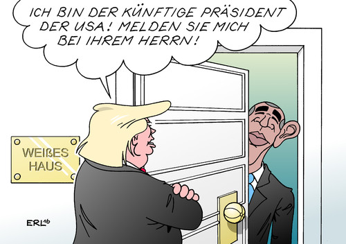 Cartoon: Trump Obama (medium) by Erl tagged usa,wahl,präsident,donald,trump,besuch,weißes,haus,washington,barack,obama,wahlkampf,schlammschlacht,rassismus,sexismus,populismus,herren,sklaven,karikatur,erl,usa,wahl,präsident,donald,trump,besuch,weißes,haus,washington,barack,obama,wahlkampf,schlammschlacht,rassismus,sexismus,populismus,herren,sklaven,karikatur,erl