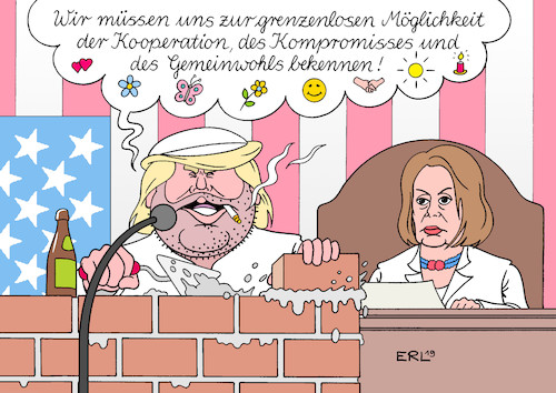 Cartoon: Trump Rede (medium) by Erl tagged politik,usa,präsident,donald,trump,rede,zur,lage,der,nation,kongress,zusammenarbeit,kompromiss,gemeinwohl,mauerbau,mauer,mexiko,konflikt,demokraten,geld,shutdown,oppositionsführerin,nancy,pelosi,karikatur,erl,politik,usa,präsident,donald,trump,rede,zur,lage,der,nation,kongress,zusammenarbeit,kompromiss,gemeinwohl,mauerbau,mauer,mexiko,konflikt,demokraten,geld,shutdown,oppositionsführerin,nancy,pelosi,karikatur,erl